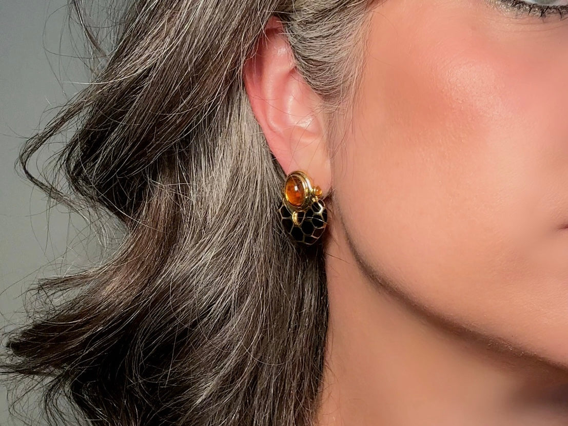 KJL Petite Animal Print Door Knocker Vintage Pierced Earrings, Kenneth Jay Lane Black and Gold Earrings with Amber Cabochons