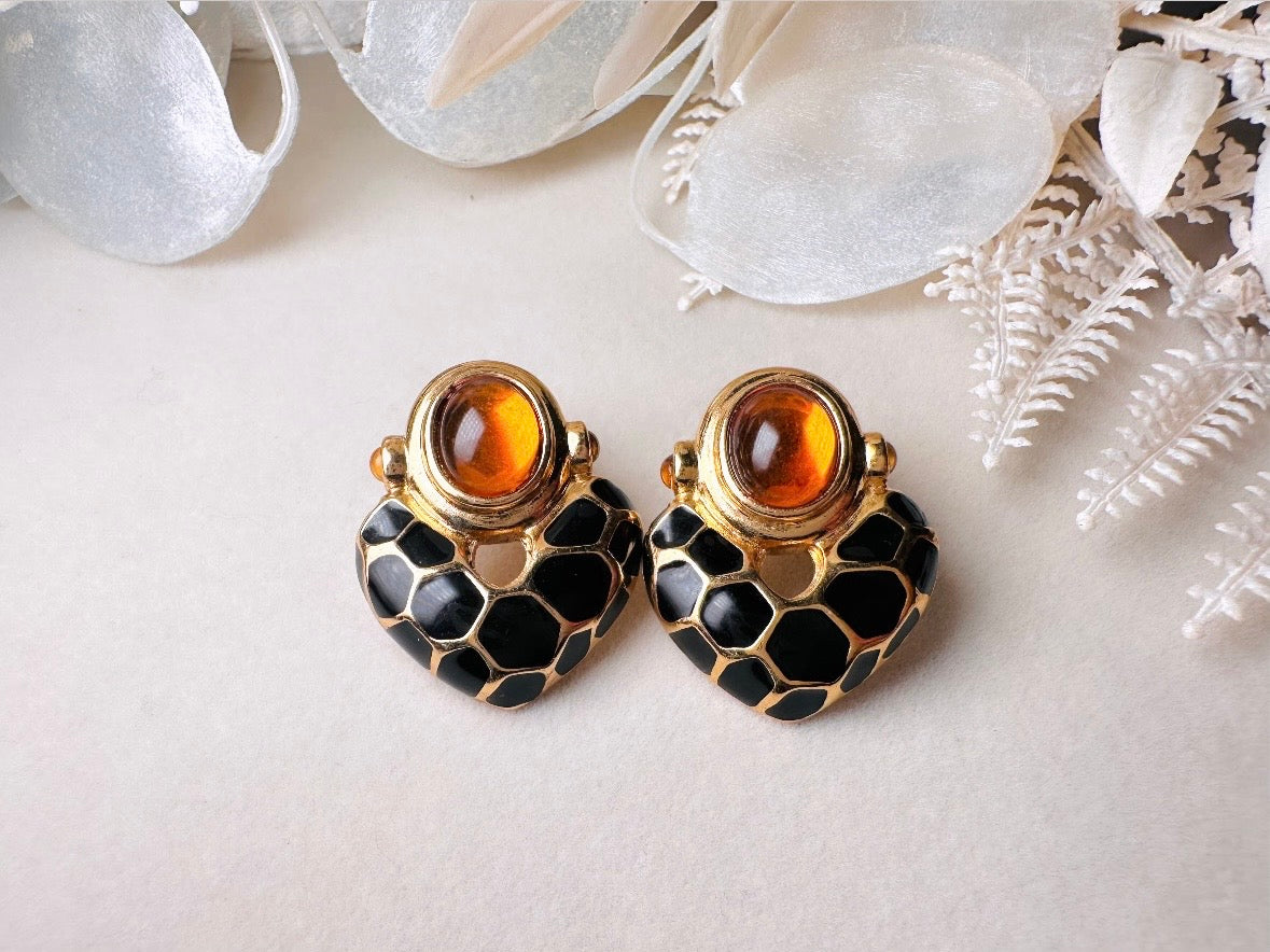 KJL Petite Animal Print Door Knocker Vintage Pierced Earrings, Kenneth Jay Lane Black and Gold Earrings with Amber Cabochons
