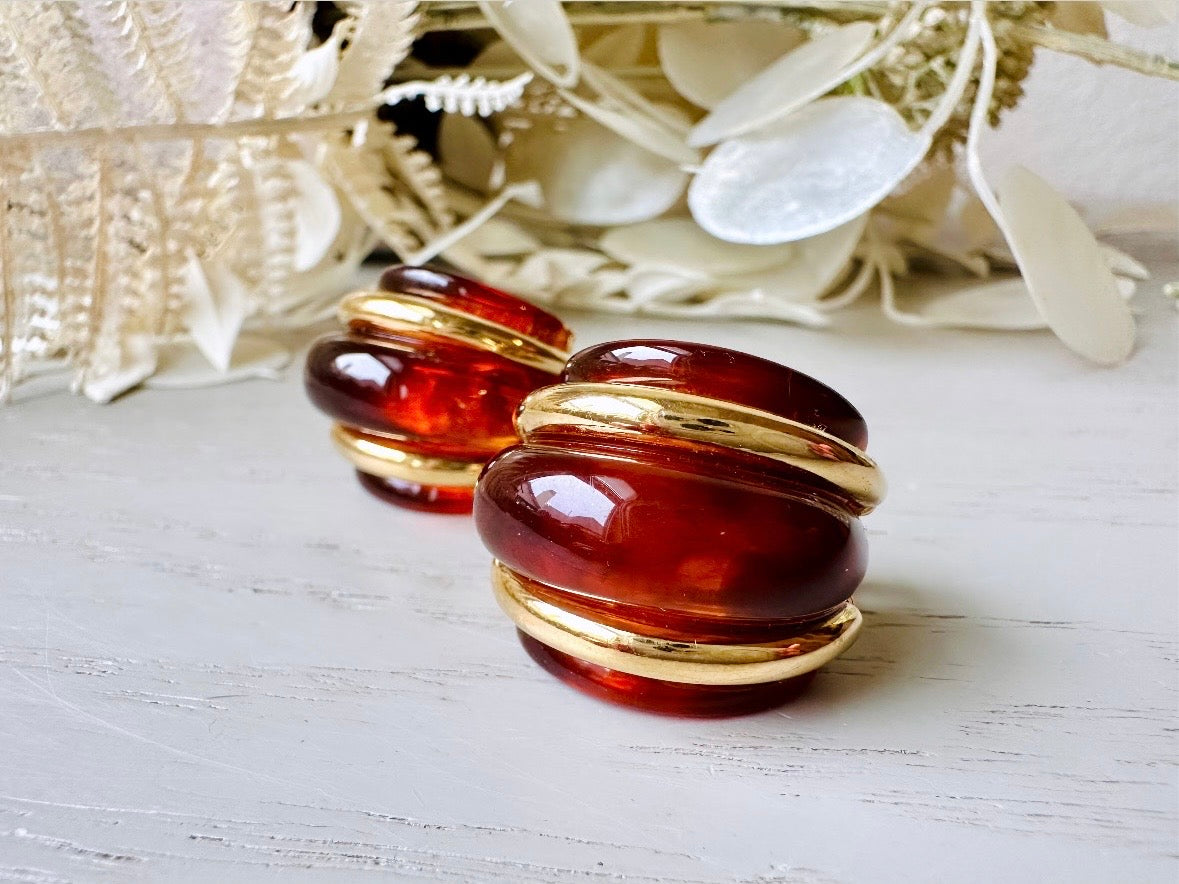 KJL Vintage Amber Lucite Double Ribbed Huggie Earrings