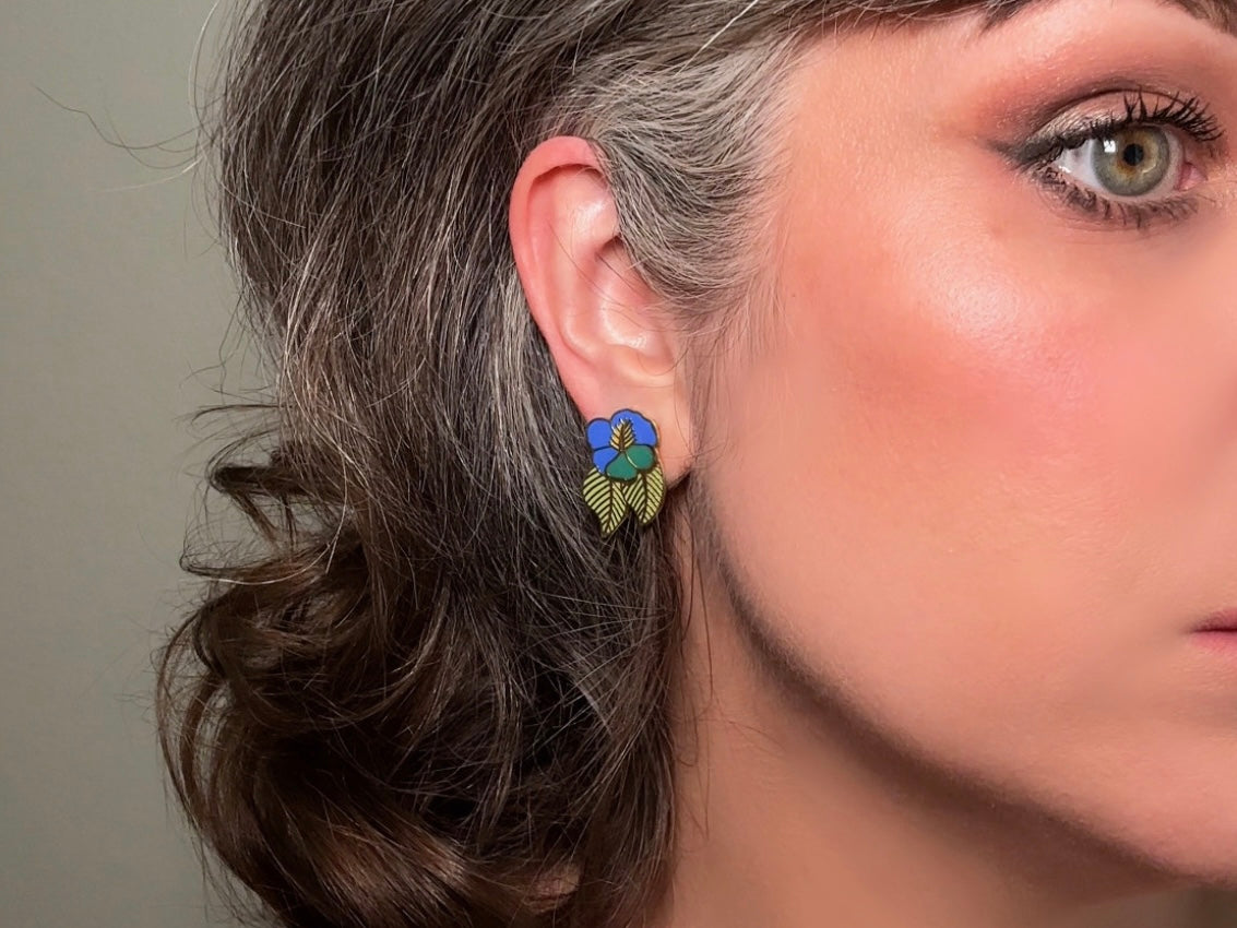 Laurel Burch Hibiscus Vintage Earrings, Blue and Green Flower Post Earrings from Piggle and Pop on Bethan Jayne