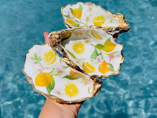 Lemon Trinket Dish, Handmade Oyster Shell Coastal Jewelry Holder with Pearls