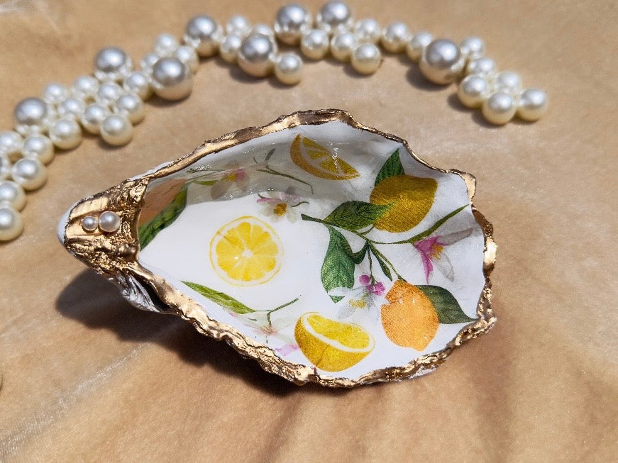 Lemon Trinket Dish, Handmade Oyster Shell Coastal Jewelry Holder with Pearls