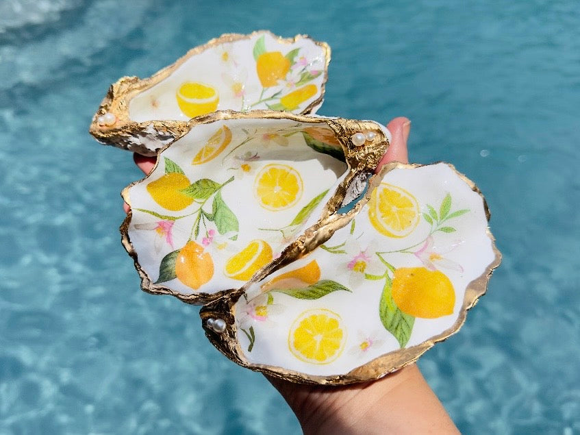 Lemon Trinket Dish, Handmade Oyster Shell Coastal Jewelry Holder with Pearls