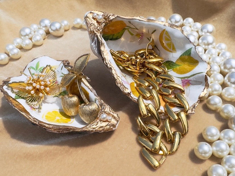 Lemon Trinket Dish, Handmade Oyster Shell Coastal Jewelry Holder with Pearls