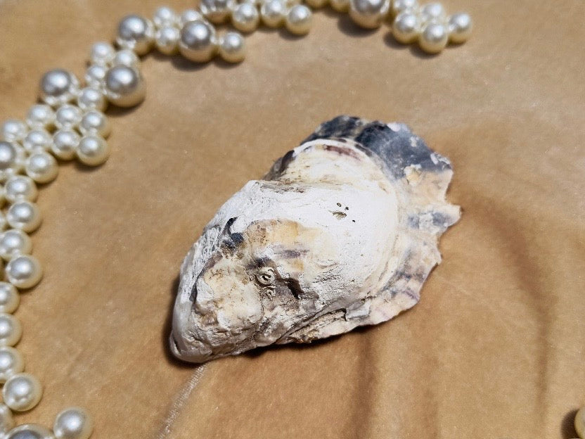 Lemon Trinket Dish, Handmade Oyster Shell Coastal Jewelry Holder with Pearls