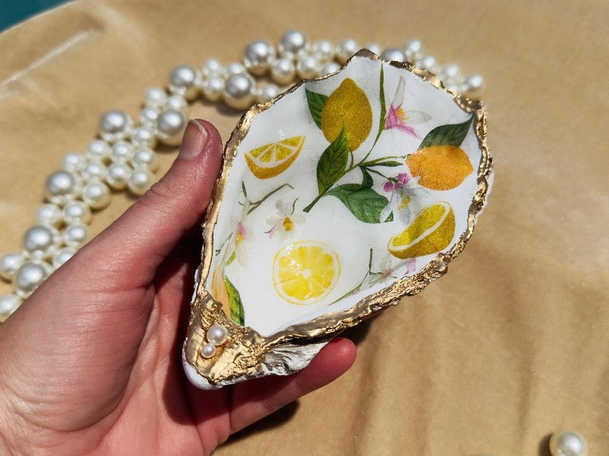 Lemon Trinket Dish, Handmade Oyster Shell Coastal Jewelry Holder with Pearls