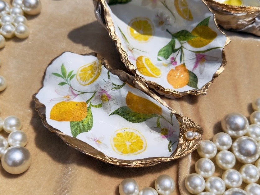 Lemon Trinket Dish, Handmade Oyster Shell Coastal Jewelry Holder with Pearls