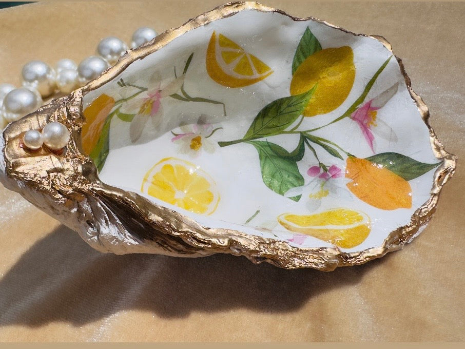 Lemon Trinket Dish, Handmade Oyster Shell Coastal Jewelry Holder with Pearls