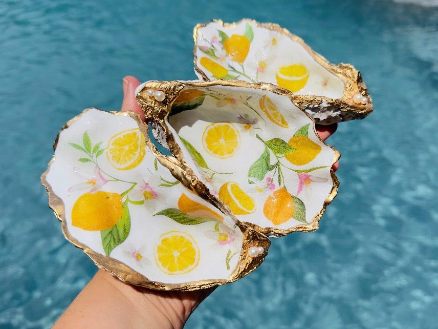 Lemon Trinket Dish, Handmade Oyster Shell Coastal Jewelry Holder with Pearls