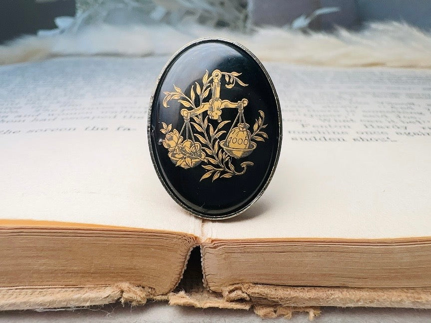 Libra Zodiac Ring, Black and Gold Star Sign Ring, Chunky Bronze Ring with Etched Glass Cabochon