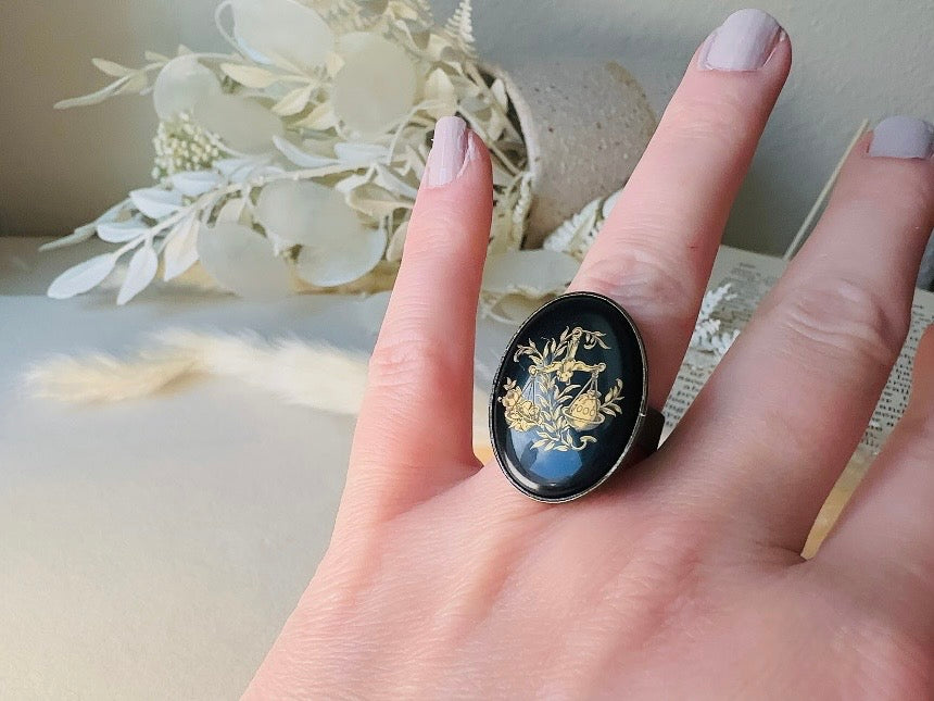 Libra Zodiac Ring, Black and Gold Star Sign Ring, Chunky Bronze Ring with Etched Glass Cabochon
