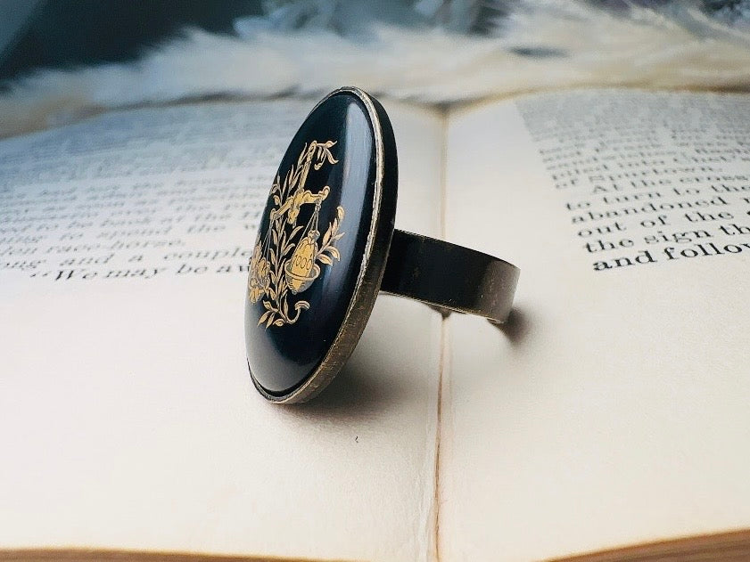 Libra Zodiac Ring, Black and Gold Star Sign Ring, Chunky Bronze Ring with Etched Glass Cabochon