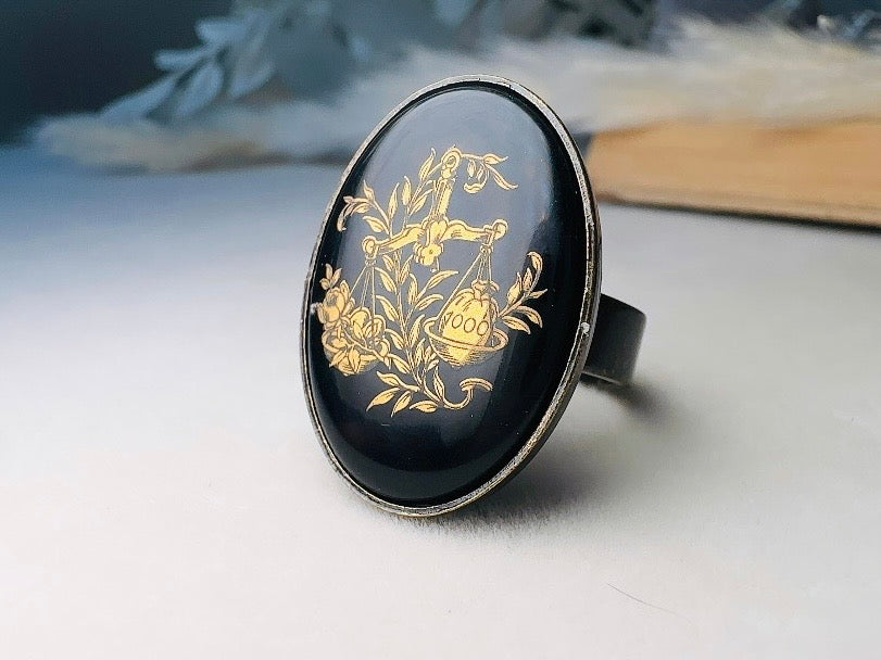 Libra Zodiac Ring, Black and Gold Star Sign Ring, Chunky Bronze Ring with Etched Glass Cabochon