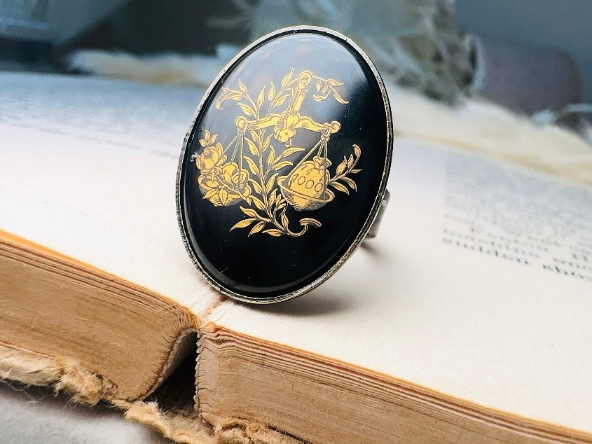Libra Zodiac Ring, Black and Gold Star Sign Ring, Chunky Bronze Ring with Etched Glass Cabochon