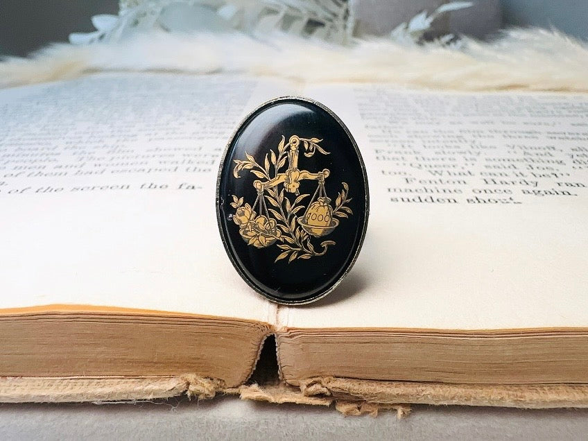 Libra Zodiac Ring, Black and Gold Star Sign Ring, Chunky Bronze Ring with Etched Glass Cabochon