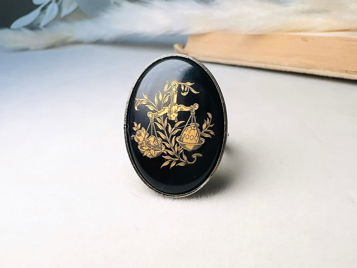 Libra Zodiac Ring, Black and Gold Star Sign Ring, Chunky Bronze Ring with Etched Glass Cabochon