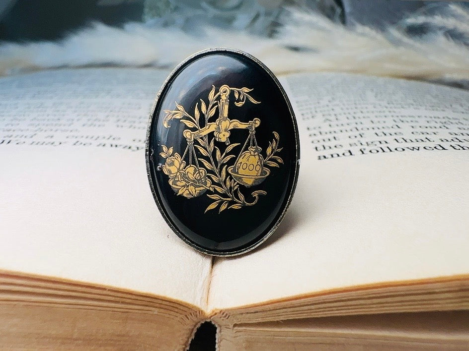 Libra Zodiac Ring, Black and Gold Star Sign Ring, Chunky Bronze Ring with Etched Glass Cabochon