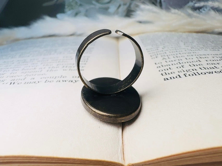 Libra Zodiac Ring, Black and Gold Star Sign Ring, Chunky Bronze Ring with Etched Glass Cabochon