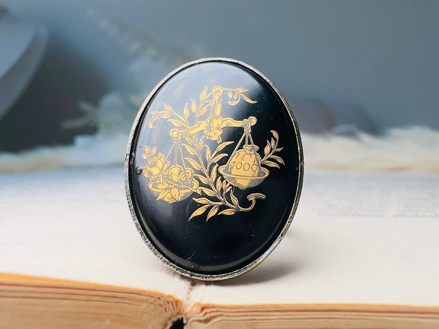 Libra Zodiac Ring, Black and Gold Star Sign Ring, Chunky Bronze Ring with Etched Glass Cabochon