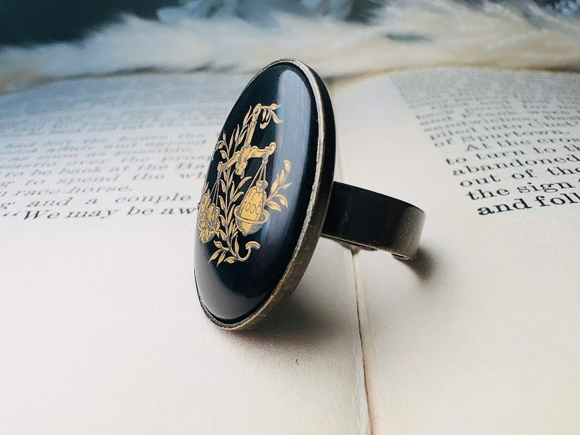 Libra Zodiac Ring, Black and Gold Star Sign Ring, Chunky Bronze Ring with Etched Glass Cabochon