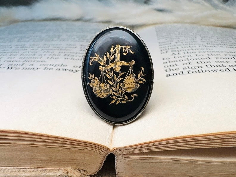 Libra Zodiac Ring, Black and Gold Star Sign Ring, Chunky Bronze Ring with Etched Glass Cabochon