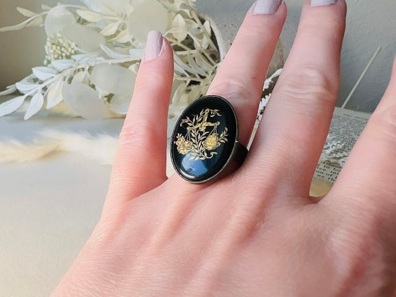 Libra Zodiac Ring, Black and Gold Star Sign Ring, Chunky Bronze Ring with Etched Glass Cabochon