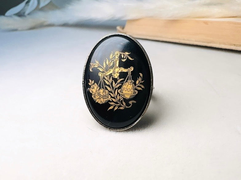 Libra Zodiac Ring, Black and Gold Star Sign Ring, Chunky Bronze Ring with Etched Glass Cabochon