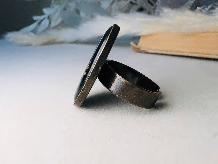 Libra Zodiac Ring, Black and Gold Star Sign Ring, Chunky Bronze Ring with Etched Glass Cabochon