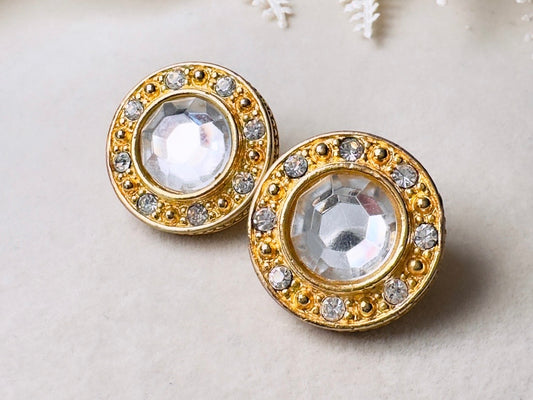 Vintage Rhinestone Post Earrings, Diamond Crystal Vintage Earrings, Sparkling Jewel Earrings with Gold Border, 1980s Liz Claiborne LCI Studs 