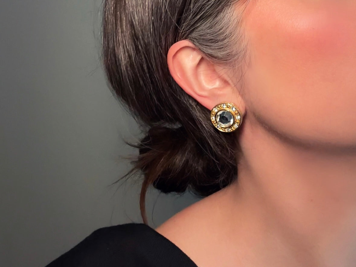 Vintage Rhinestone Post Earrings, Diamond Crystal Vintage Earrings, Sparkling Jewel Earrings with Gold Border, 1980s Liz Claiborne LCI Studs from Piggle and Pop