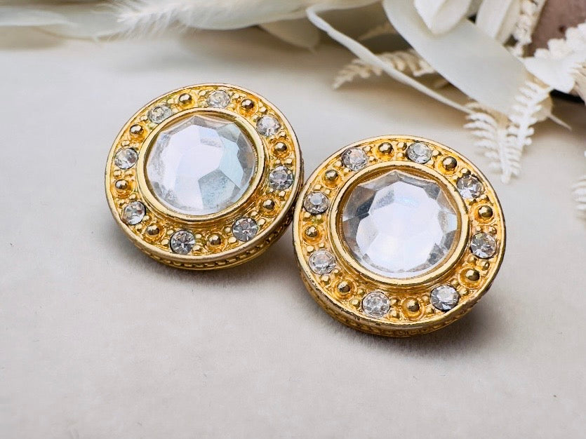 Liz Claiborne Vintage Rhinestone Post Earrings, Crystal Halo Earrings with Rhinestone Border
