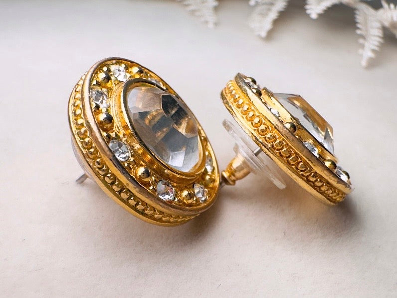 Liz Claiborne Vintage Rhinestone Post Earrings, Crystal Halo Earrings with Rhinestone Border