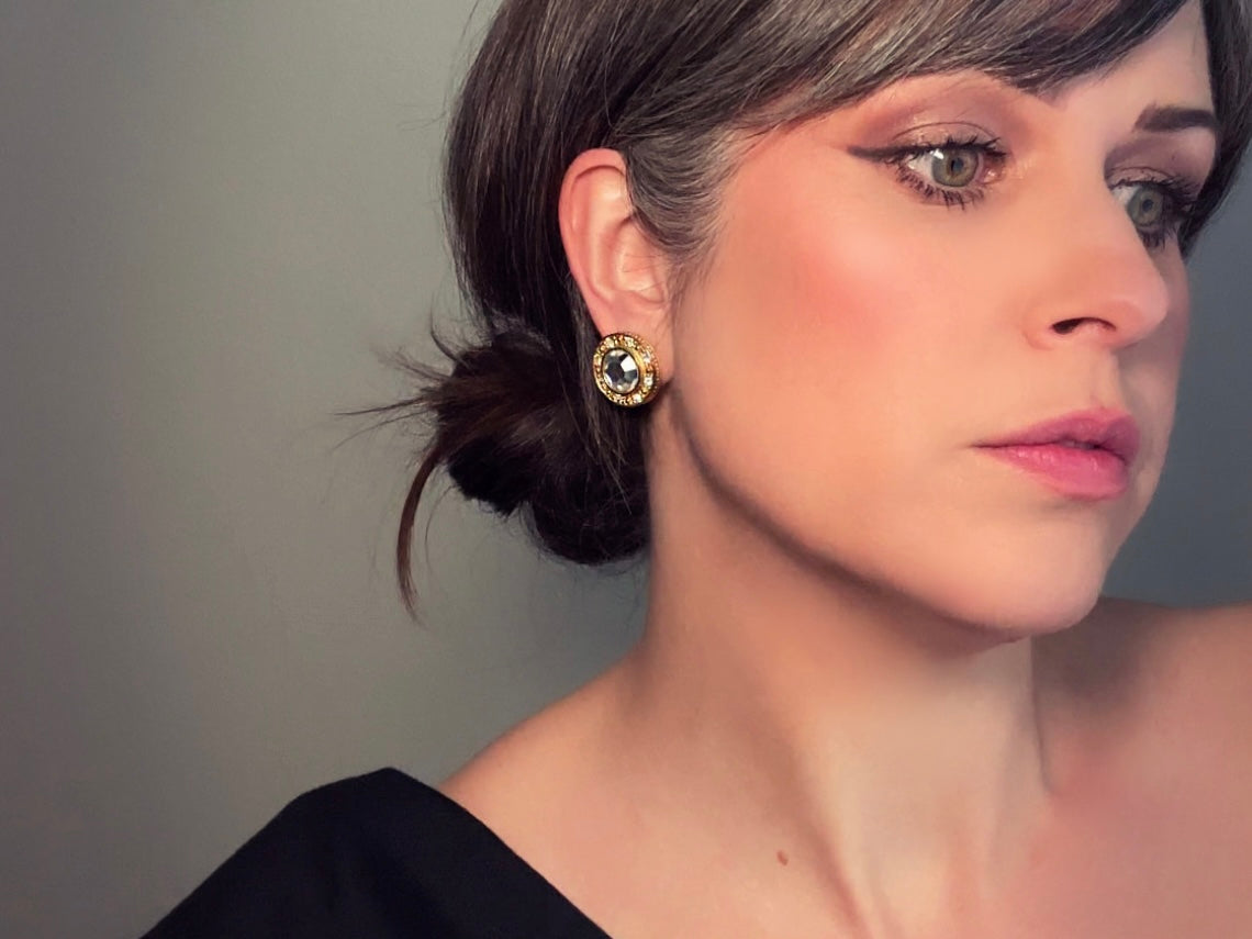 Vintage Rhinestone Post Earrings, Diamond Crystal Vintage Earrings, Sparkling Jewel Earrings with Gold Border, 1980s Liz Claiborne LCI Studs from Piggle and Pop