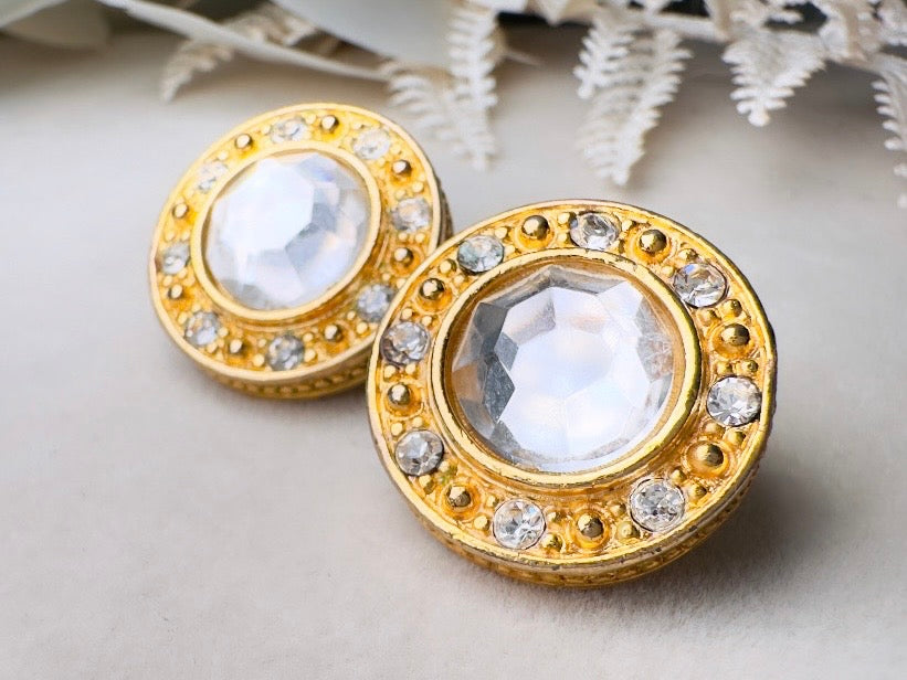 Liz Claiborne Vintage Rhinestone Post Earrings, Crystal Halo Earrings with Rhinestone Border