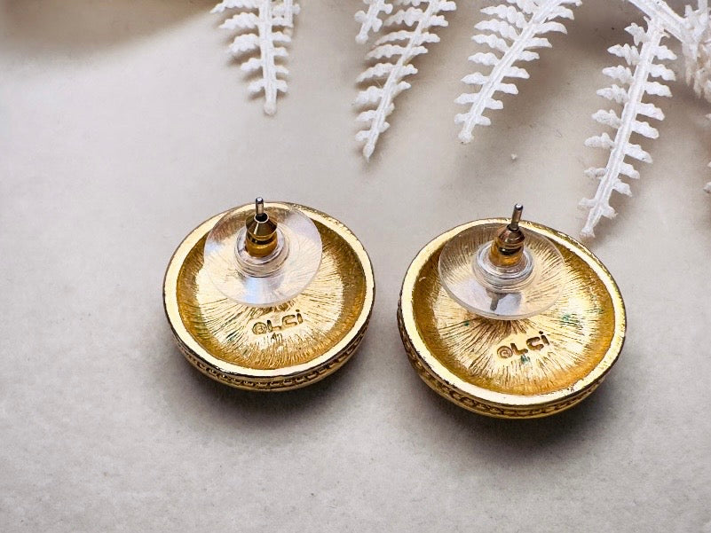 Liz Claiborne Vintage Rhinestone Post Earrings, Crystal Halo Earrings with Rhinestone Border