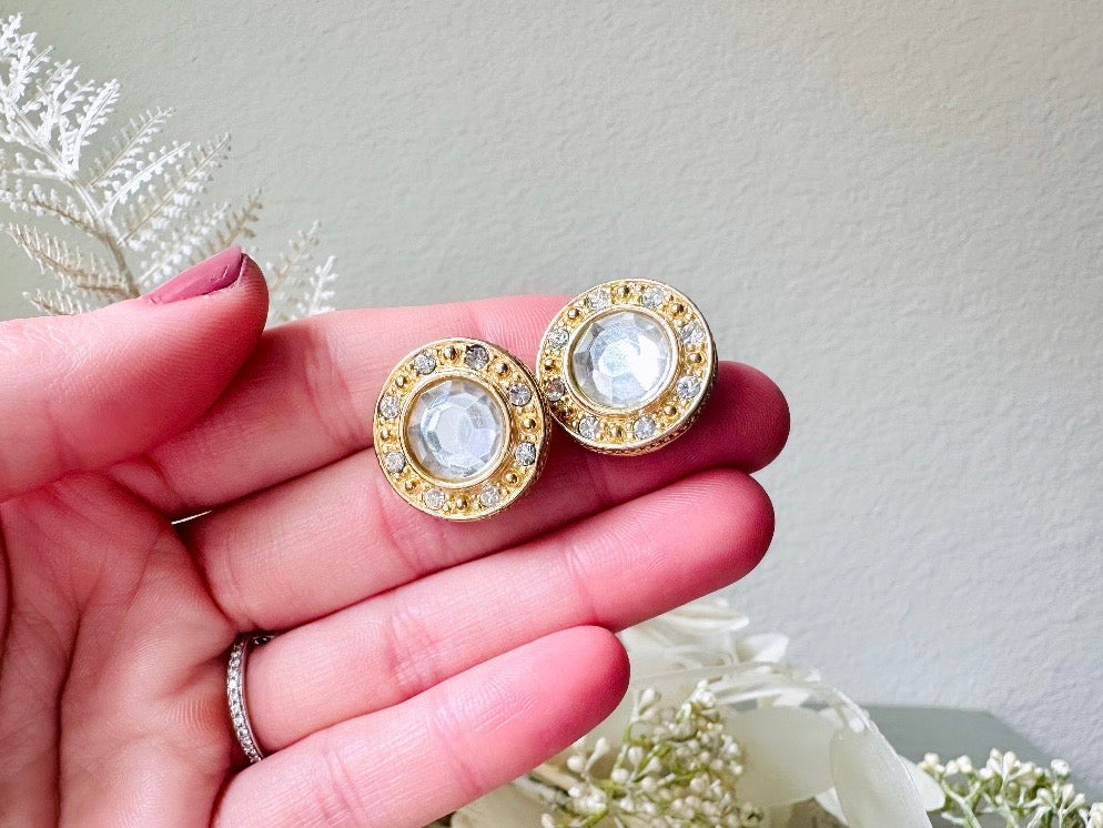 Vintage Rhinestone Post Earrings, Diamond Crystal Vintage Earrings, Sparkling Jewel Earrings with Gold Border, 1980s Liz Claiborne LCI Studs from Piggle and Pop