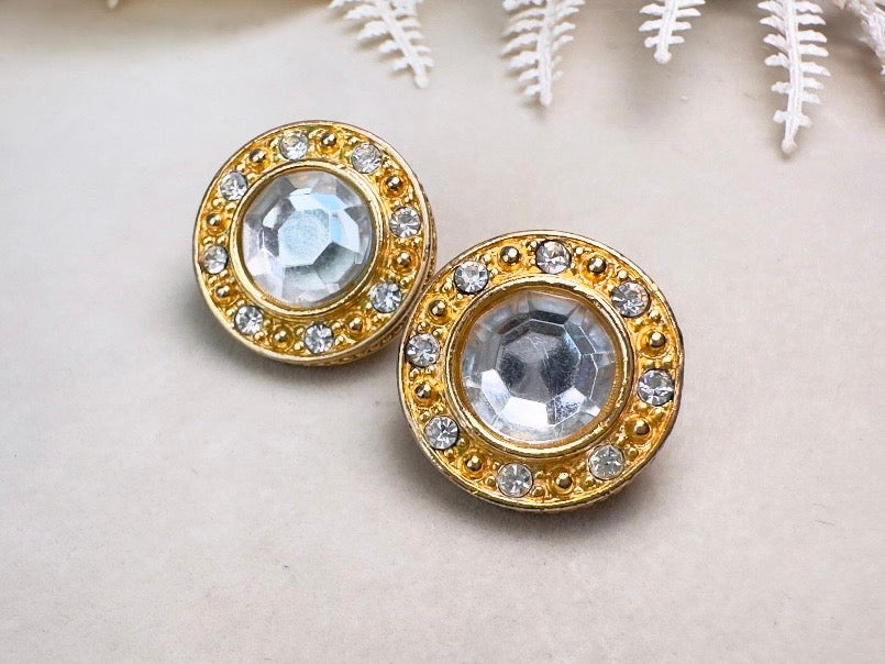 Liz Claiborne Vintage Rhinestone Post Earrings, Crystal Halo Earrings with Rhinestone Border