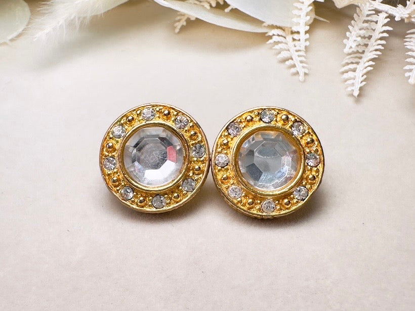 Liz Claiborne Vintage Rhinestone Post Earrings, Crystal Halo Earrings with Rhinestone Border