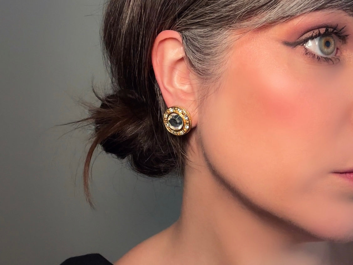 Vintage Rhinestone Post Earrings, Diamond Crystal Vintage Earrings, Sparkling Jewel Earrings with Gold Border, 1980s Liz Claiborne LCI Studs from Piggle and Pop