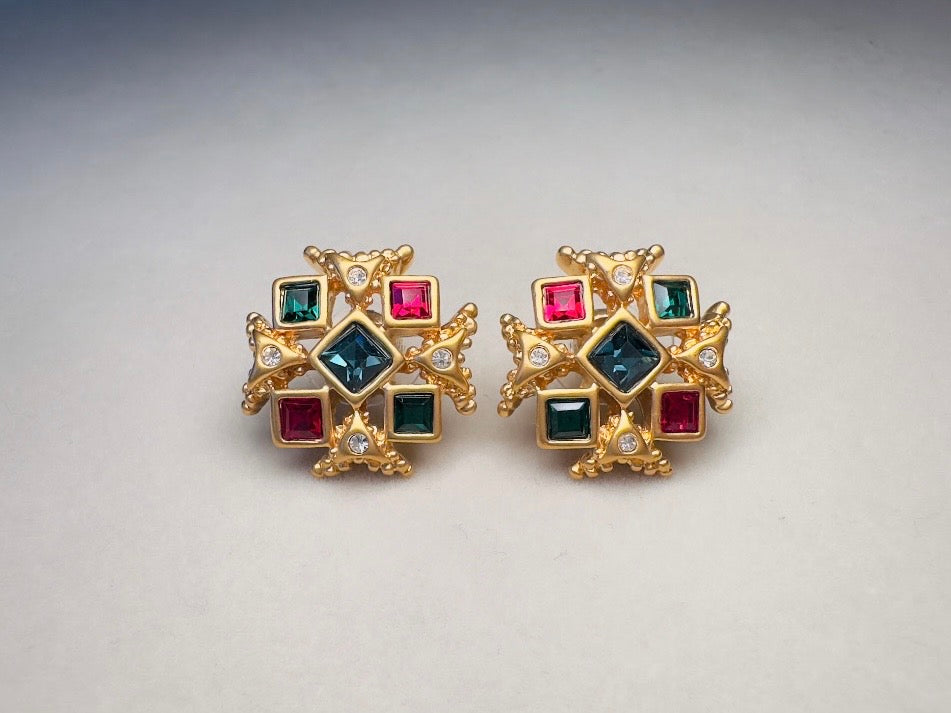 Maltese Cross Earrings, Vintage Etruscan Revival Gold Earrings with Green, Blue and Red Crystals 