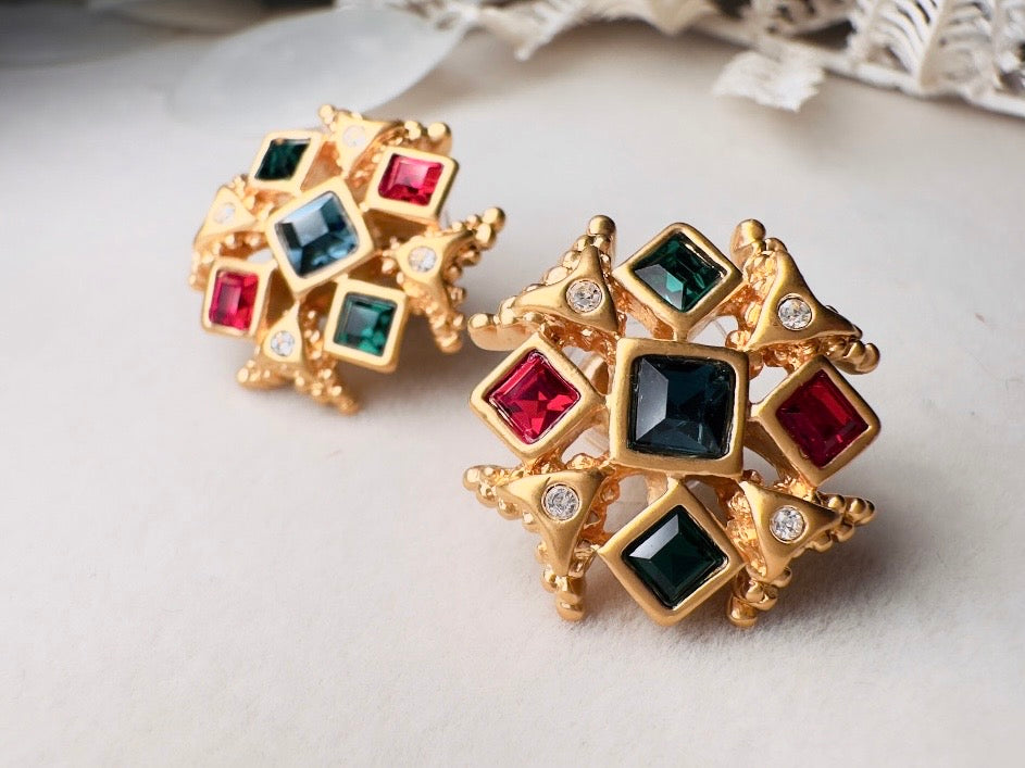 Maltese Cross Earrings, Vintage Etruscan Revival Gold Earrings with Green, Blue and Red Crystals 