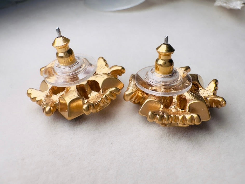 Maltese Cross Earrings, Vintage Etruscan Revival Gold Earrings with Green, Blue and Red Crystals 