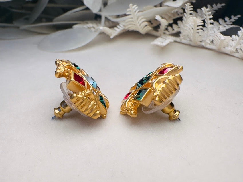 Maltese Cross Earrings, Vintage Etruscan Revival Gold Earrings with Green, Blue and Red Crystals 