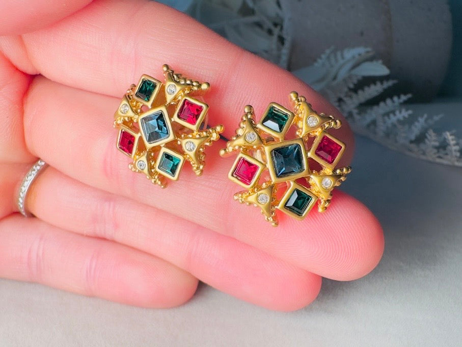 Maltese Cross Earrings, Vintage Etruscan Revival Gold Earrings with Green, Blue and Red Crystals 
