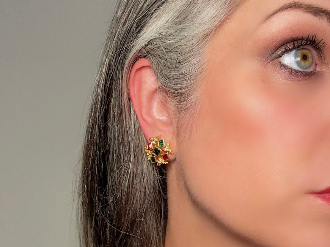 Maltese Cross Earrings, Vintage Etruscan Revival Gold Earrings with Green, Blue and Red Crystals 