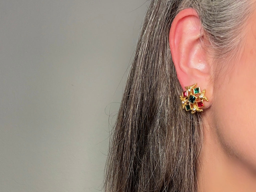 Maltese Cross Earrings, Vintage Etruscan Revival Gold Earrings with Green, Blue and Red Crystals 