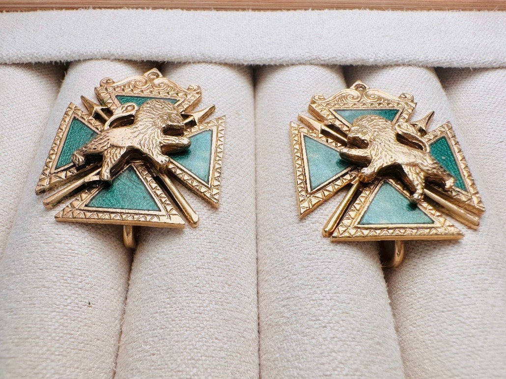 Maltese Cross Lion Shield Earrings, Incredible 1960s Vintage Heraldic Coat of Arms Crest Screw Back Earrings with Emerald Enamel