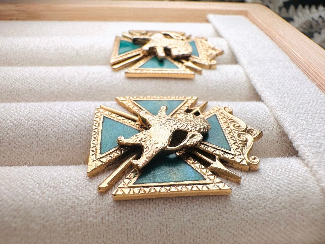 Maltese Cross Lion Shield Earrings, Incredible 1960s Vintage Heraldic Coat of Arms Crest Screw Back Earrings 