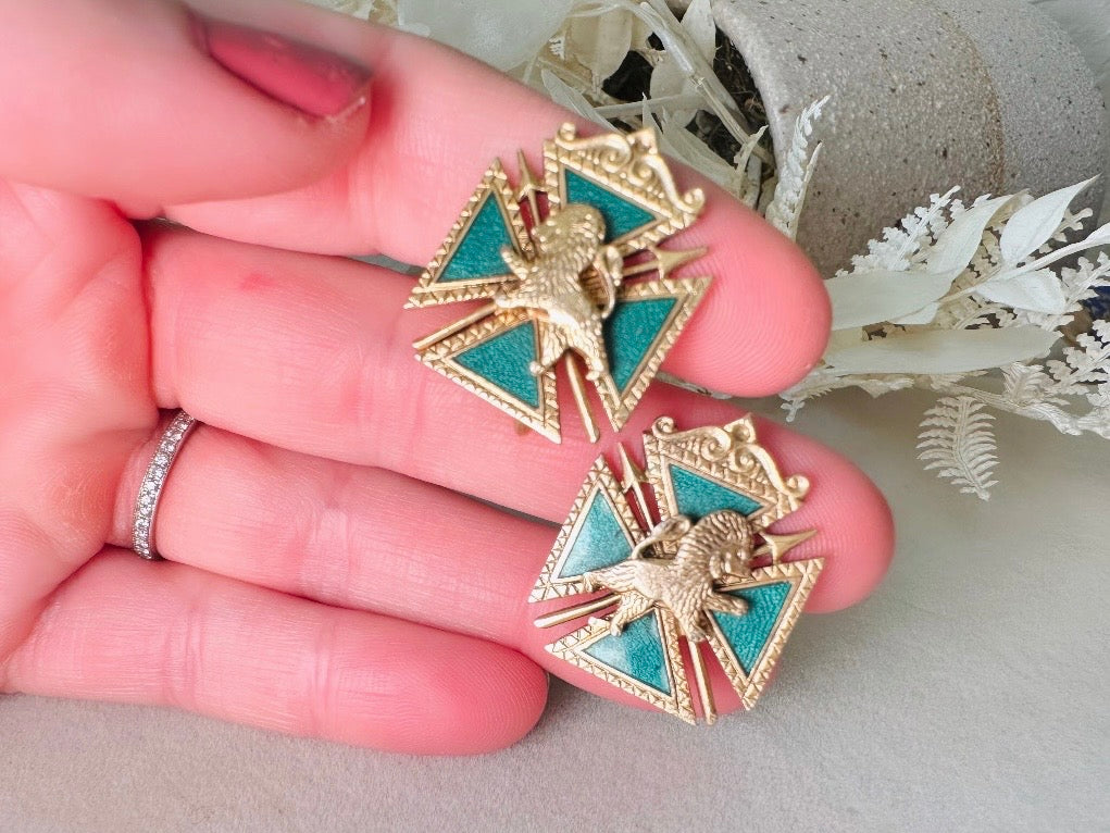 Maltese Cross Lion Shield Earrings, Incredible 1960s Vintage Heraldic Coat of Arms Crest Screw Back Earrings 