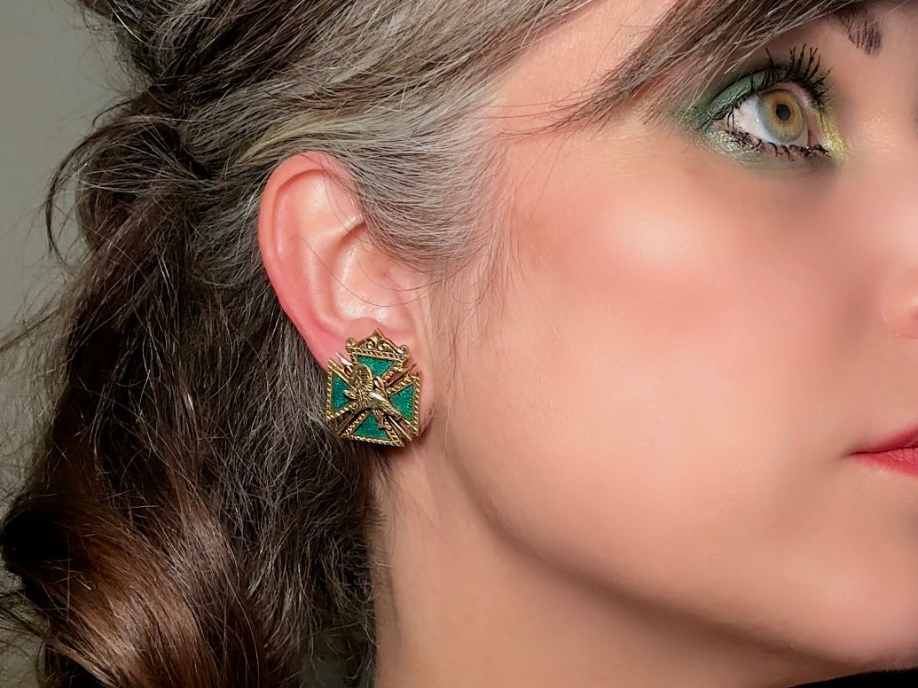 Maltese Cross Lion Shield Earrings, Incredible 1960s Vintage Heraldic Coat of Arms Crest Screw Back Earrings 